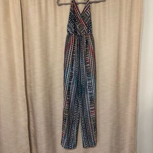 Medium Tobi Colorful Aztec Halter Top Jumpsuit, V Neck, V Back, Wide Leg